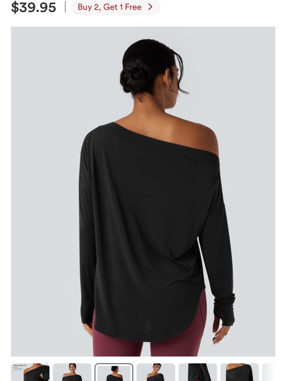 HALARA Black Off-Shoulder Long Sleeve Yoga Top Built in Bra sz M - Picture 2 of 10